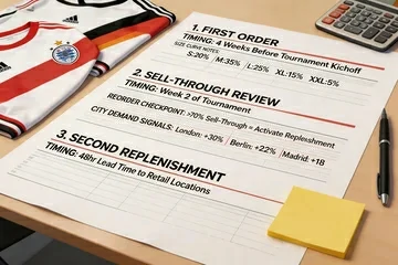 reorder planning timeline for soccer jersey distribution with size tracking and event-based replenishment checkpoints