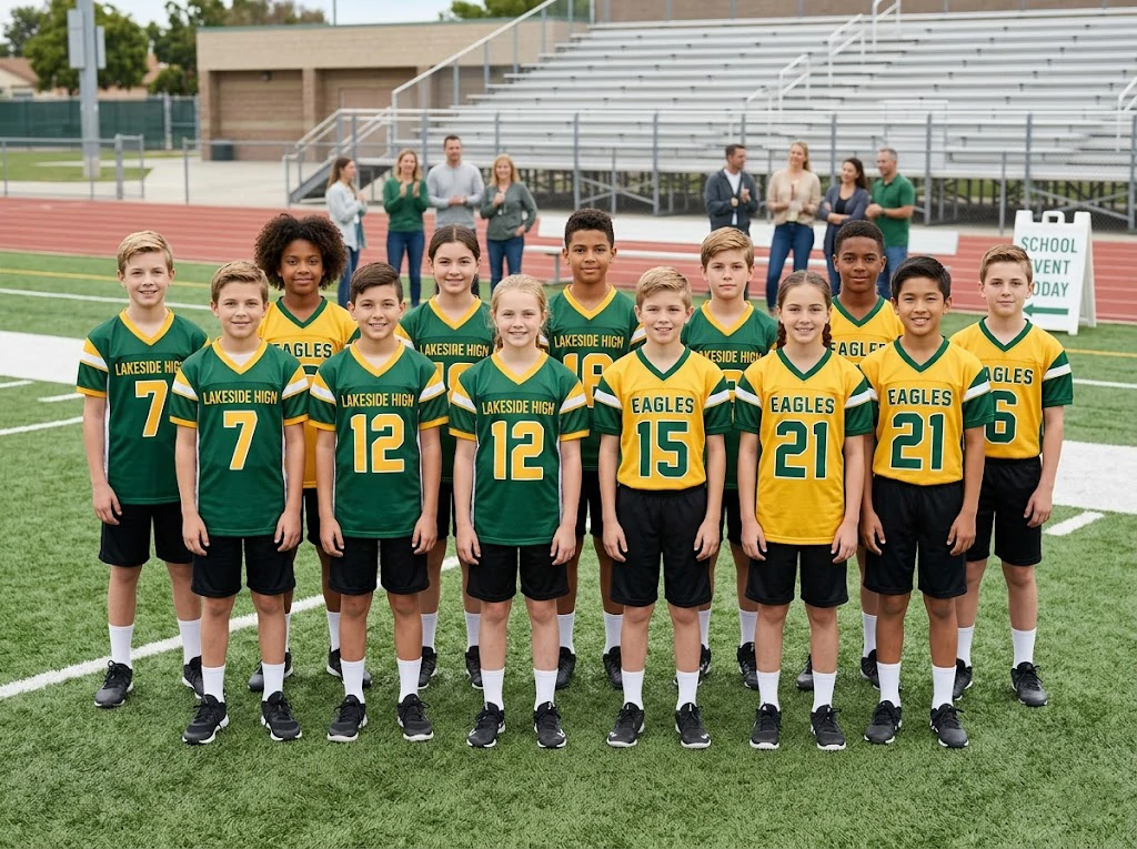 school football event lineup in coordinated youth jerseys for team presentation