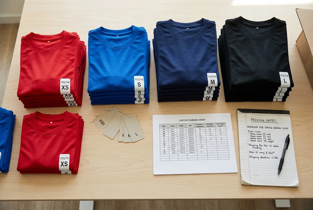 multiple youth jersey sizes, folded packs, and carton labels for academy reorder planning