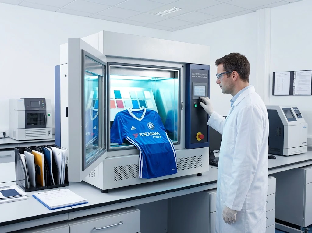 A high-quality soccer jersey being tested for color retention under specialized UV light equipment.