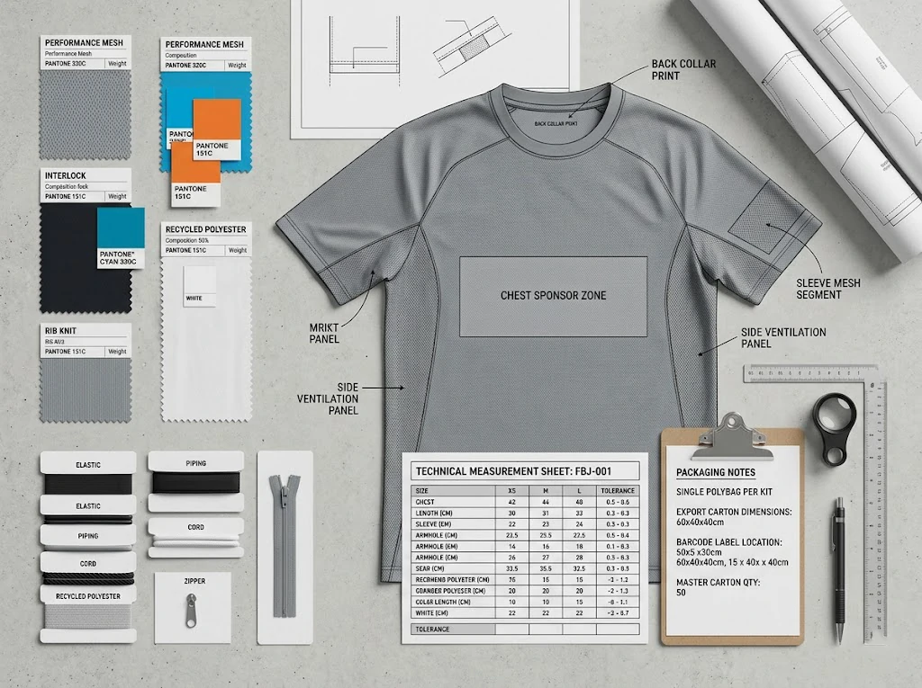 soccer jersey concept board, fabric swatches, size notes and packaging references for bulk teamwear planning