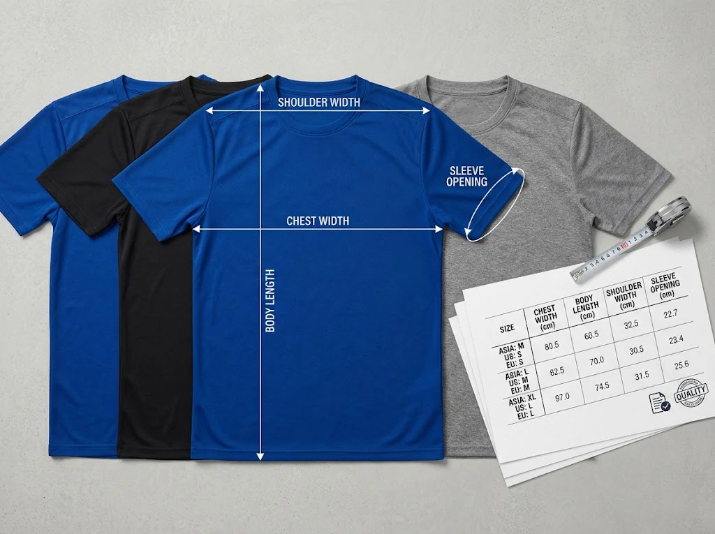 Flat lay soccer jersey size comparison with chest width and body length references for bulk teamwear sourcing