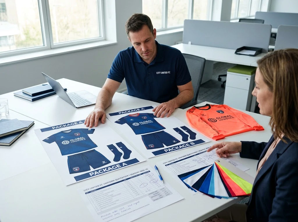 local club meeting table with soccer kit samples and quote sheets for season package evaluation