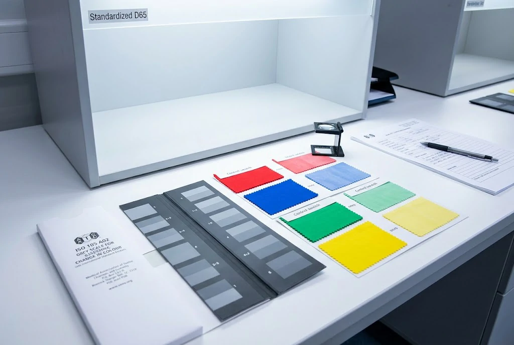 A standardized grayscale tool placed next to fabric swatches to evaluate garment color retention levels.