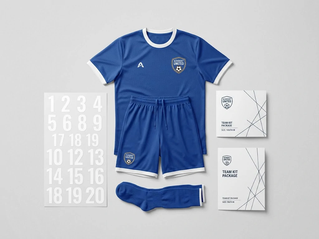 Soccer kit set with jersey shorts socks and numbering layout for bulk teamwear purchasing