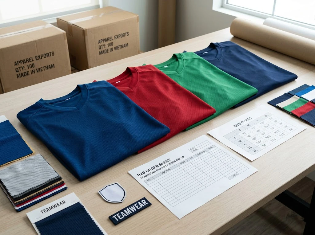 Blank soccer jerseys, fabric swatches, and planning sheets for a new teamwear brand