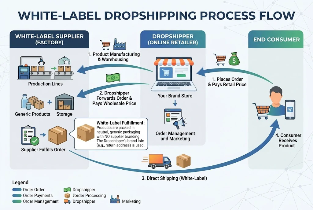 visual reference diagram explaining the white-label dropshipping process for B2B sports apparel.