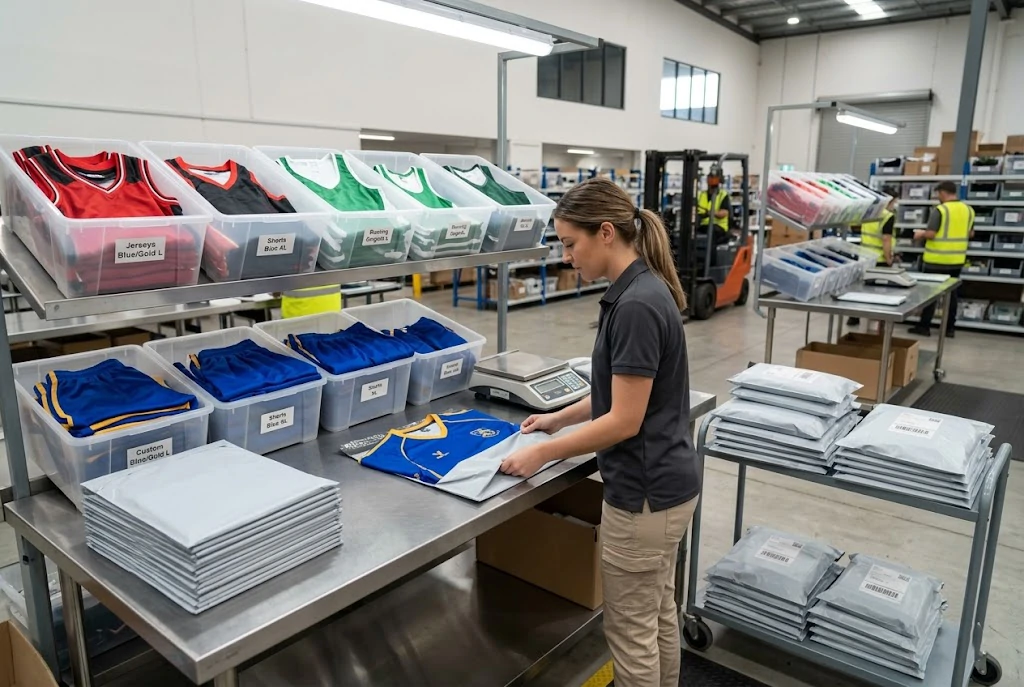 professional dispatch station preparing custom sports apparel in neutral packaging for white-label dropshipping.