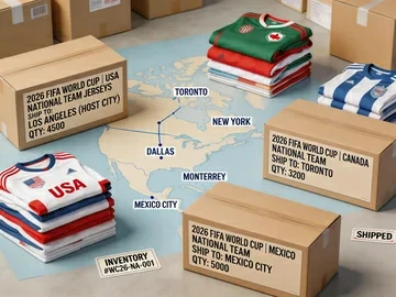 folded soccer jerseys, labeled cartons, and North America host city routing visual for World Cup 2026 distributor planning