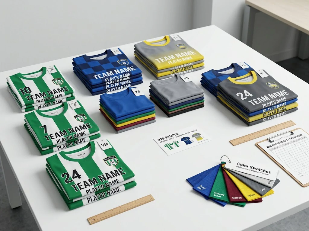 folded youth soccer jerseys with size tags and sample cards for wholesale review