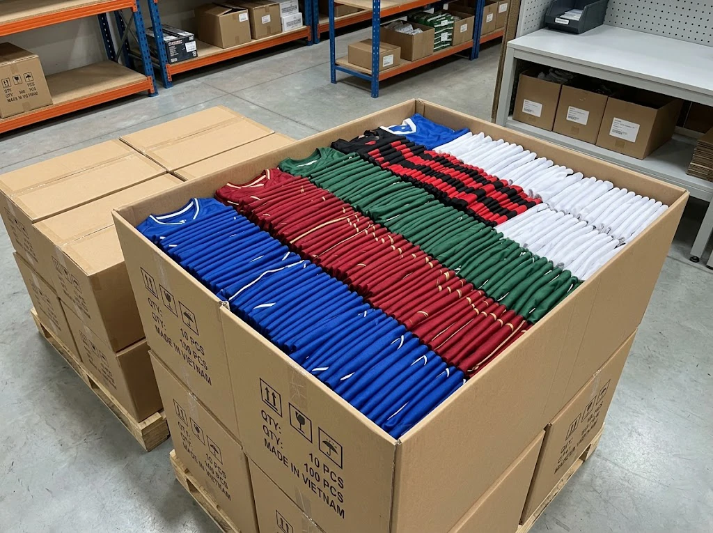 stacked adult football jerseys packed for bulk order shipping