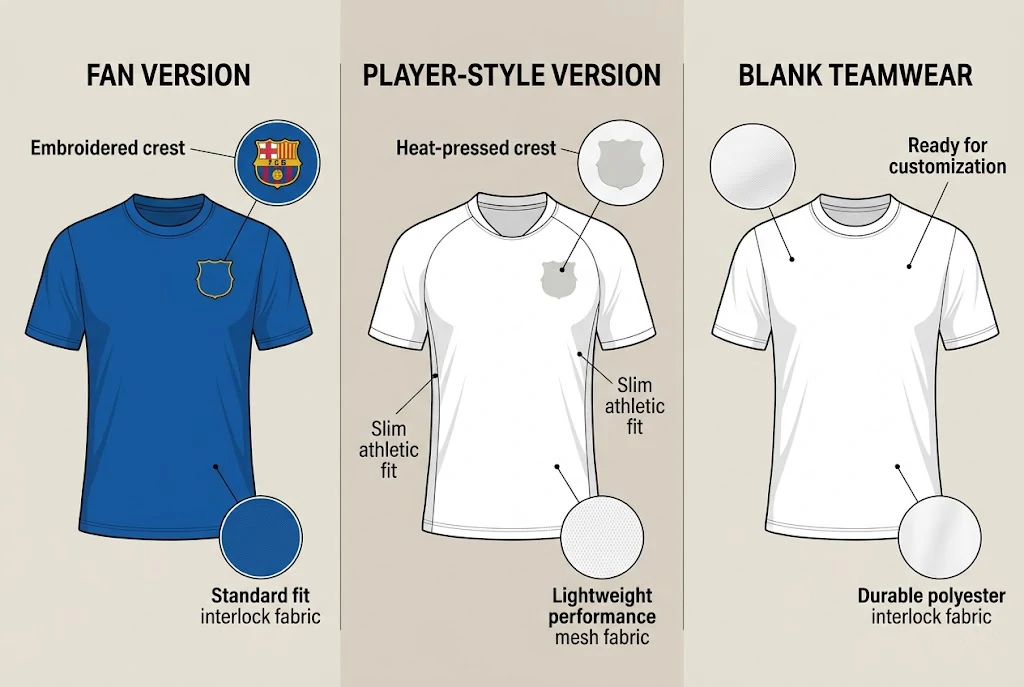 Visual comparison of fan version player-style version and blank soccer jerseys for store buying