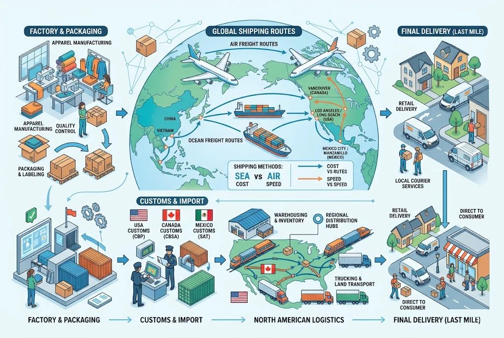 diagram of international shipping process for bulk soccer jerseys to North America