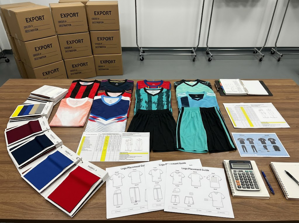soccer uniform samples, fabric swatches, and carton planning for bulk teamwear sourcing