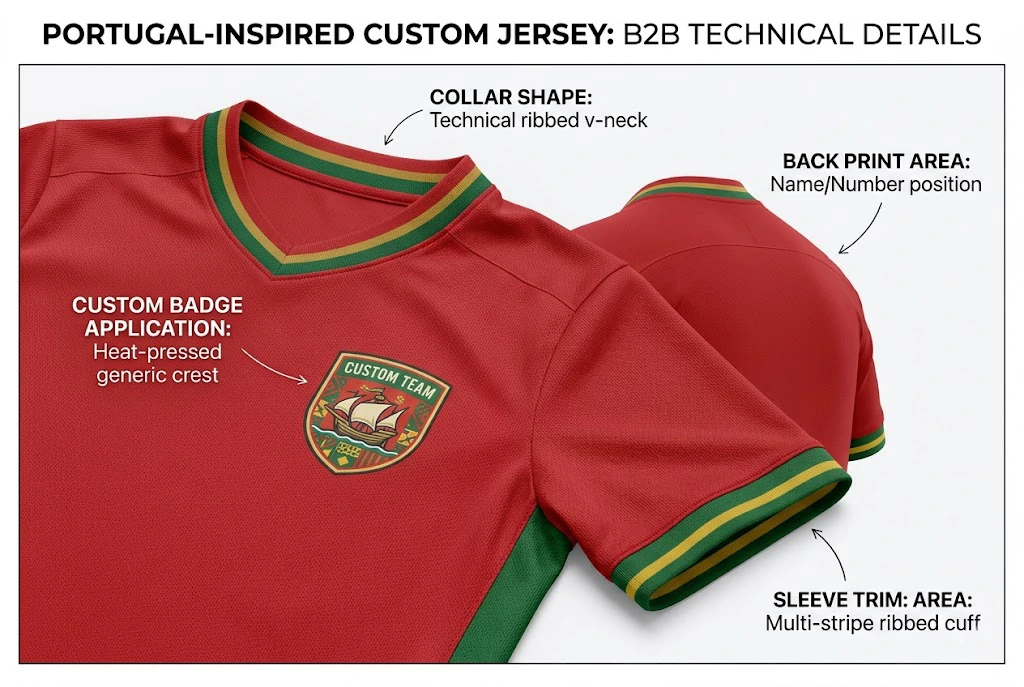 close-up jersey details showing collar shape, badge placement, trim finish, and print area for bulk review