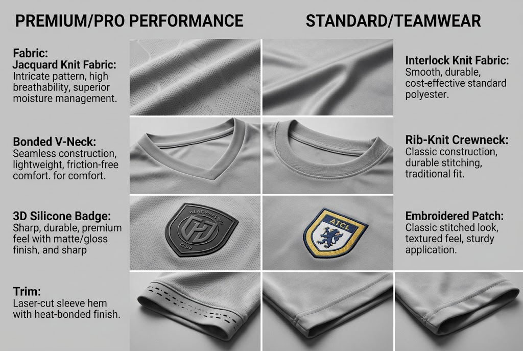 jersey fabric textures, collar details, and badge options used to compare teamwear cost levels