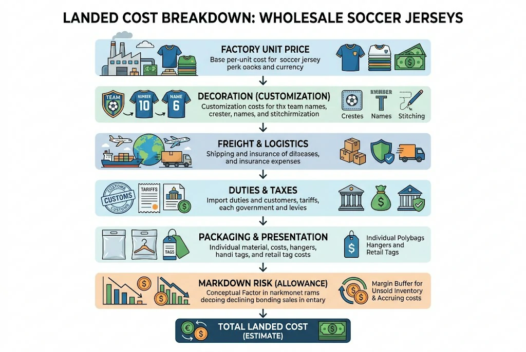 Cost breakdown diagram for soccer jersey wholesale orders including freight duties packaging and margin checks