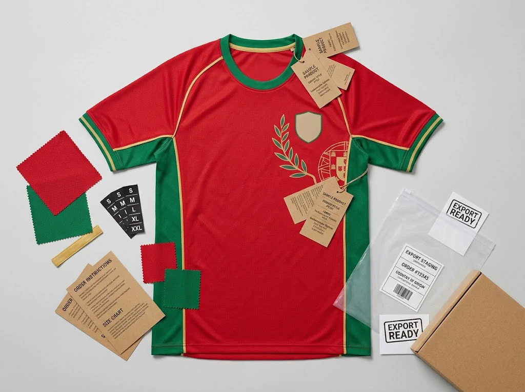 Portugal-inspired custom soccer jersey flat lay with size tags, fabric swatches, and export packaging reference