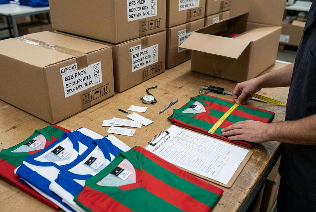 packed soccer uniforms, carton labels, and inspection checklist for bulk shipment review