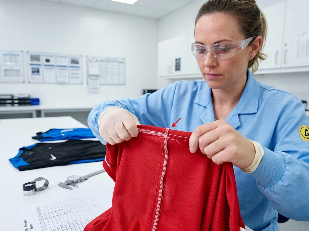 manual seam strength testing process for bulk sports uniforms during quality control