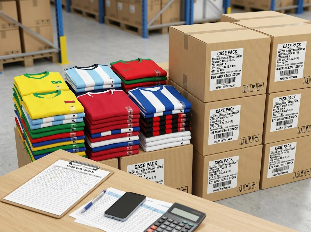 Assorted soccer jerseys and labeled cartons prepared for retail case ordering