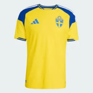 Front view of authentic Sweden 2026 World Cup Home soccer jersey player version with slim fit design.