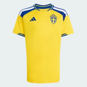 Front view of Sweden 2026 World Cup kids soccer kit with jersey and shorts.