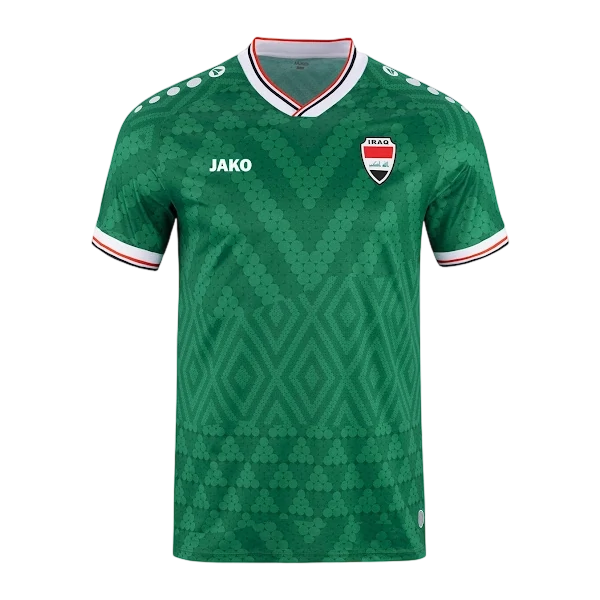 Front view of authentic Iraq 2026 World Cup Away soccer jersey player version with slim fit design.