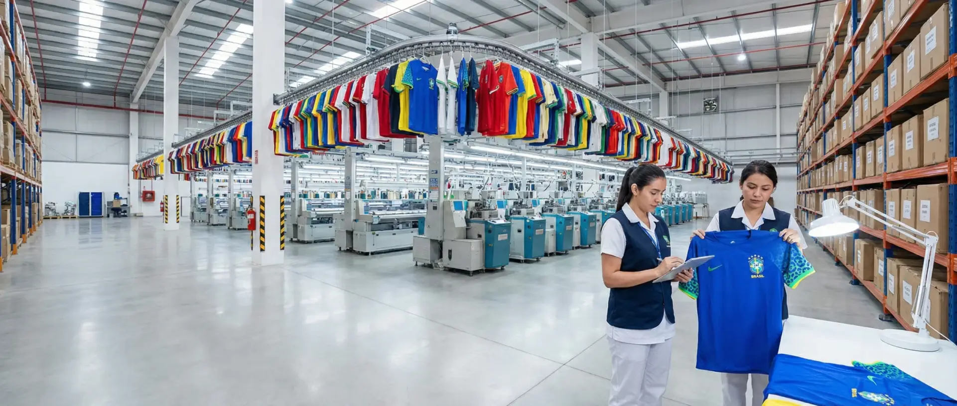 Inside view of a massive, modern wholesale football kit manufacturing and quality control hub, managed from City of Industry, California, producing 2026 World Cup jerseys for global B2B clients.