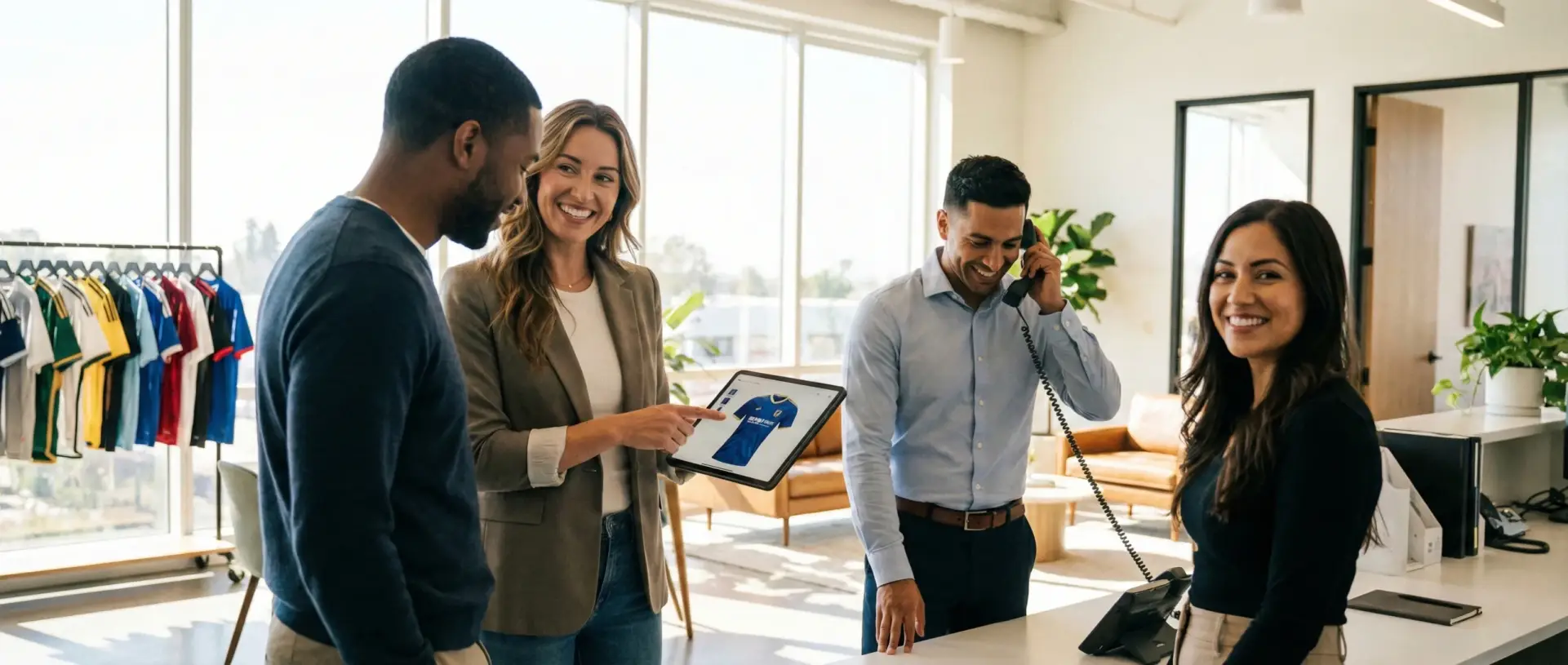 Professional US-based customer support and sales team located in our bright California office, ready to assist wholesale clients with football jersey orders.